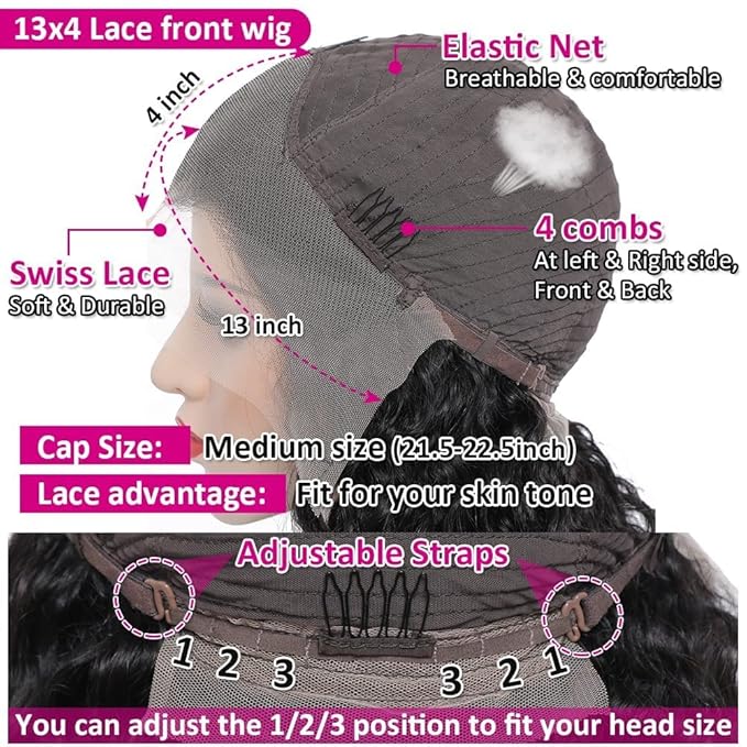 13x4 Human Hair Lace Front Wigs for Black Women 180% Density Brazilian Deep Wave HD Transparent Lace Front Wig with Baby Hair Pre Plucked Bleached Knots(18inch,Natural Black)