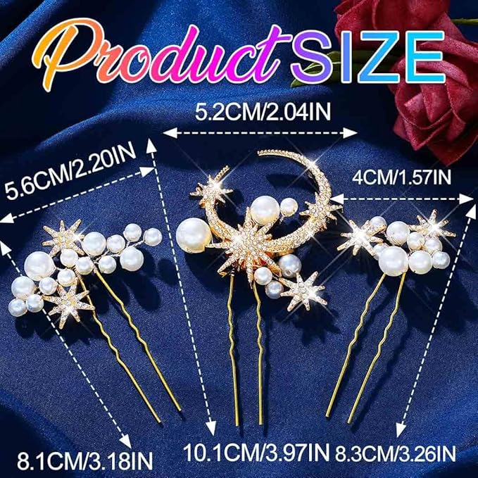 Kilshye Rhinestone Bridal Hair Pins Gold Pearl Wedding Hair Accessories Star Hair Pieces for Women (Pack of 3)