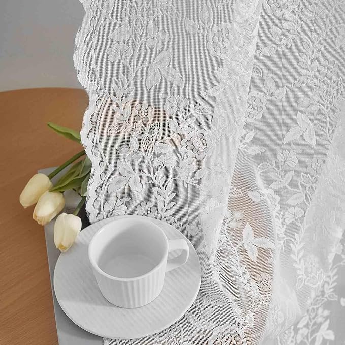 FINECITY White Lace Curtains for Bedroom Rustic Floral 42x63 Inch, 2 Panels | by FINECITY