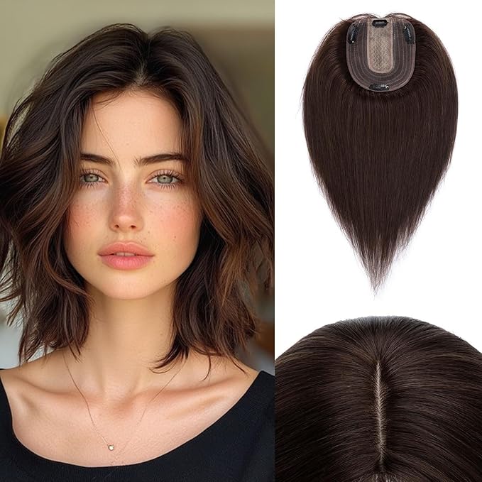 Rich Choices Hair Toppers for Women Real Human Hair 100% Human Remy Toppers NO Bangs for Women with Thinning on Top Clip in Hairpiece 4"x4.7"Lace Base 18 Inch #2 Dark Brown