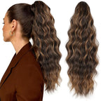 Claw Clip Ponytail Extension 18 Inch Curly Wavy Ponytail Extension Jaw Clip on Pony Tails Hairpiece for Women Fluffy Natural Synthetic for Daily Use (Dark Brown with Auburn Blonde)