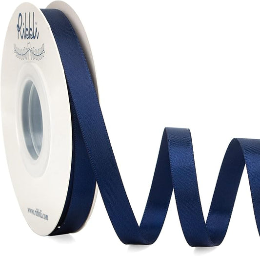 Ribbli Double Faced Navy Satin Ribbon, 3/8” x Continuous 25 Yards, Use by Ribbli
