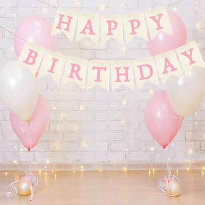 Pink Happy Birthday Banner Pre-strung Burlap Bunting Party Backdrop Sign - Image 3
