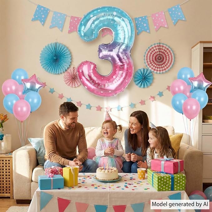 40 Inch Pink Blue Number 3 Balloon, Large Gradient Pink Blue Mylar Foil Number - Image 7