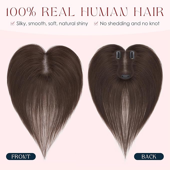 Human Hair Topper with Bangs for Women, 360° Cover Clip in Curtain Bangs Hair Toppers Hair Piece Dark Brown-3.15x4.33 Hand-tied Base (Dark Brown)