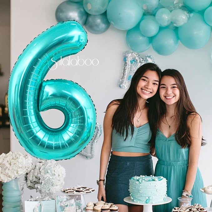 40 Inch Big Teal Blue Number 6 Foil 0-9 Mylar Helium Balloons | Large Digital - Image 2