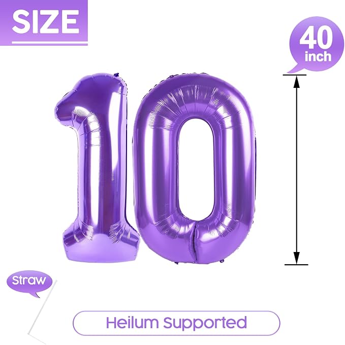 10 Balloon - Purple Birthday Number Balloons, 40 Inch Decorations Men Women | - Image 5