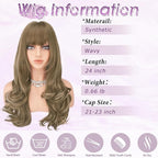 Haloo Brown Blonde Wigs with Bangs Long Wavy Layered Haircut Natural Looking Fluffy Synthetic Heat Resistant Hair Wig for Women Daily Party, 24 Inch Brown Mixed Blonde