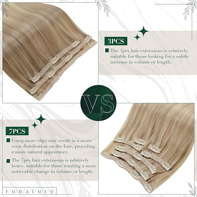 RUNATURE Clip in Hair Extensions Real Human Hair, Natural Hair Extensions Clip Ins, Remy Human Hair for Women Double Weft 20 Inch 50g 3pcs #16P22 Dark Ash Blonde Highlight Light Blonde