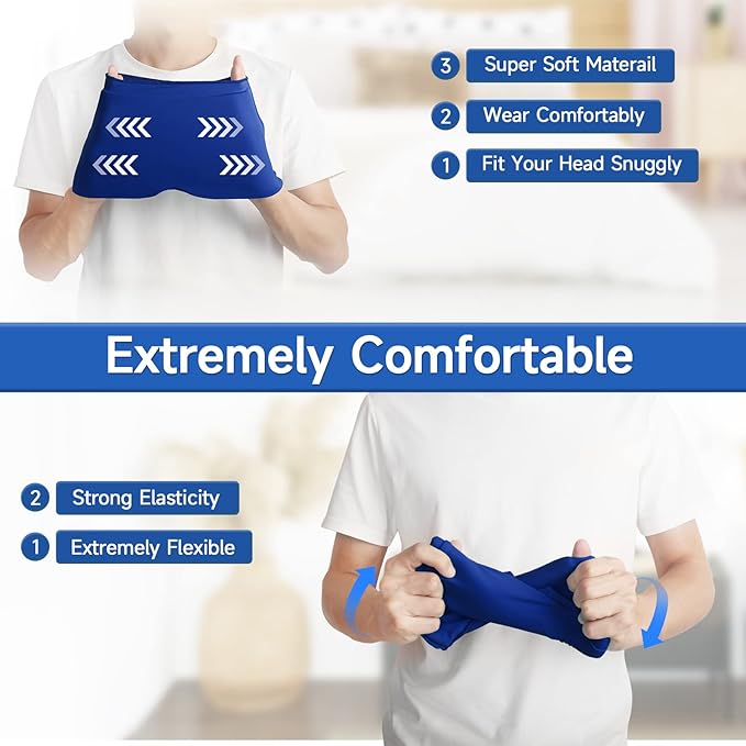 Wearable Ice Cap for Migraines, Headache Relief Hat for Tension Sinus Headache Eye Fatigue Fever Relief, One-Piece Design Fit All Head Ice Pack Cap, Hot Cold Compressed Therapy Head Migraine Hat(Blue)