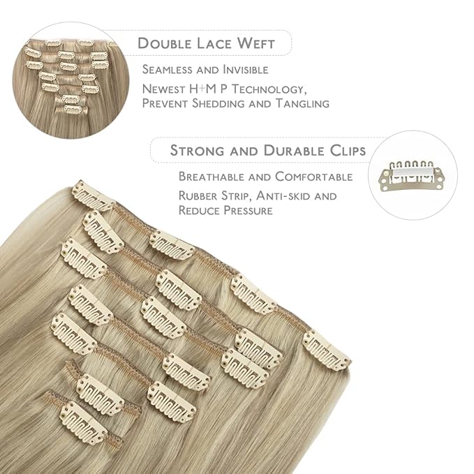 WENNALIFE Clip In Human Hair Extensions, 22 Inch 120g 7pcs Ash Blonde to Golden Blonde and Platinum Blonde Ombre Clip in Human Hair Remy Clip in Hair Extensions Real Human Hair Double Weft
