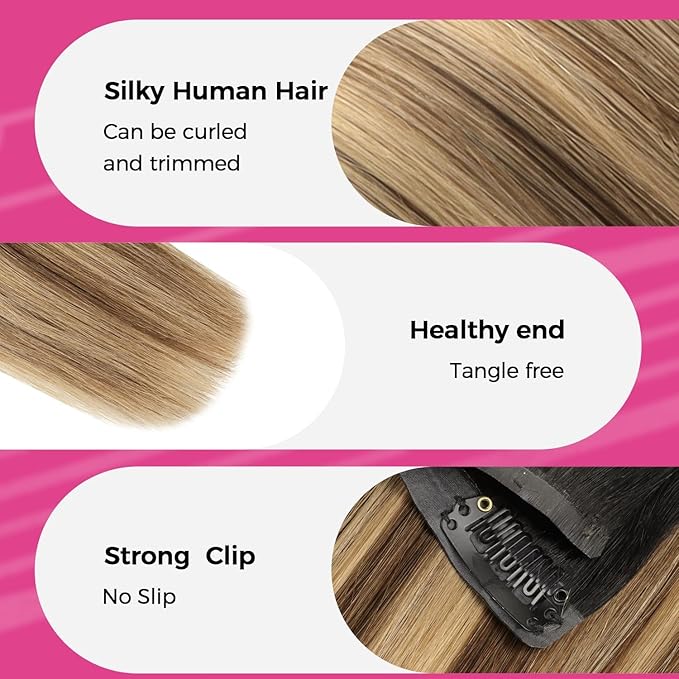 Lashey Seamless Clip in Hair Extensions 4pcs 46g Ombre Balayage Ash Brown to Honey Blonde Clip in Hair Extensions Human Hair with Highlighted Effect 18 Inch Straight Human Hair