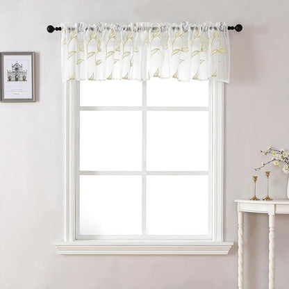 Sheer Kitchen Cafe Curtains Embroidered Leaf Pattern Beige 54x16 | Light by VISIONTEX