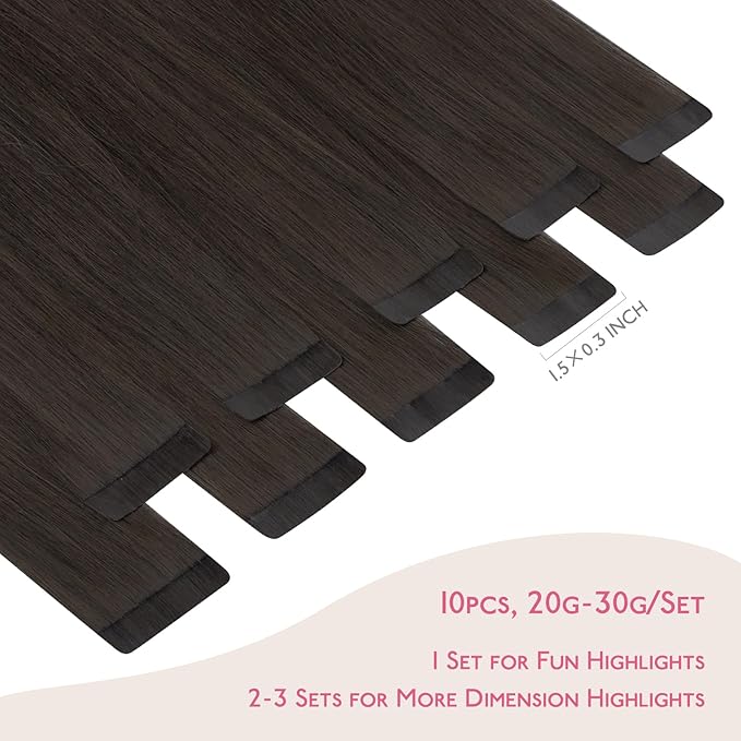 WENNALIFE Tape in Hair Extensions Human Hair Dark Brown Tape in Extensions, 10pcs 30g 24 inch Remy Invisible Tape Ins Straight Colored Soft Real Human Hair Tape in Extensions Refill Set Extensions
