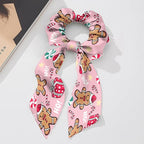 Xmas Candy Cane Pack Of 2 Knotted Bow Hair Scrunchies Gingerbread Man Ponytail Holder Ladies Pink Ribbon Scrunchy Accessory for Christmas