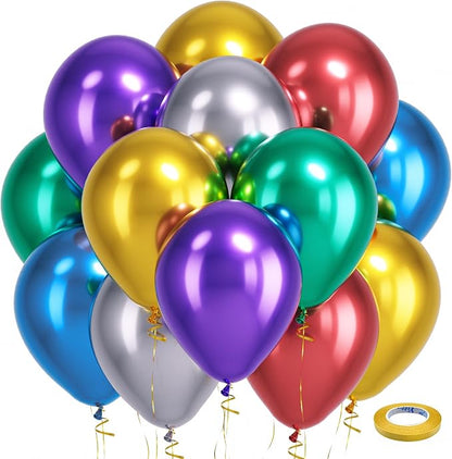 Bezente Metallic Chrome Colorful Latex Balloons 100 Pack 12 inch | Assorted by Bezente