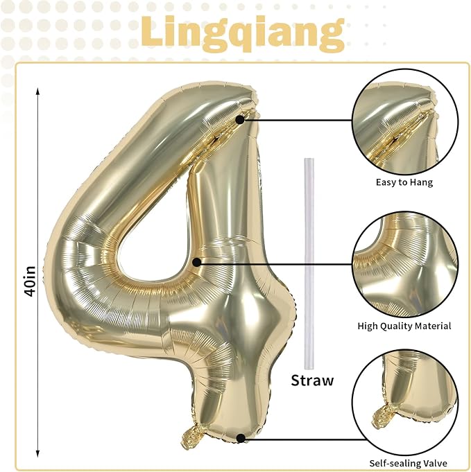 Champagne Gold Number 40 Birthday Balloons, 40 Inch Large Light Gold Foil - Image 2