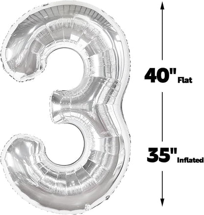 Silver Number 3 Balloon 40 inch, Balloon numbers party supplies, deco photo - Image 2