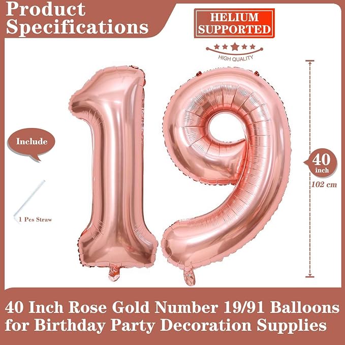 Rose Gold 19 Number Balloons, 40 Inch Giant Number 19 Balloons Foil Mylar - Image 2