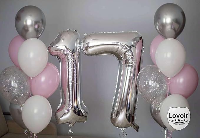 Silver 17 Number Balloons, 40 Inch Giant Number 17 Balloons Foil Mylar Helium - Image 7