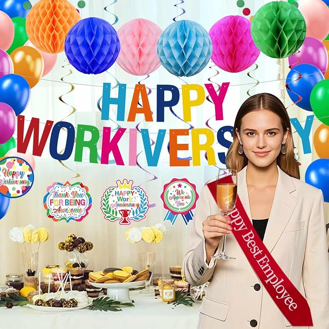 Work Anniversary Decorations, Pre-Strung Iridescent Happy Workiversary Banner - Image 7