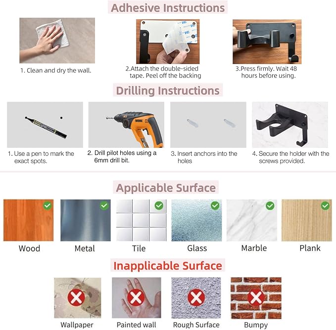 Hair Dryer Holder, Aluminum Alloy Blow Dryer Holder with Adhesive/Screw Installation, Universal Hair Dryer Wall Mount Compatible with Dyson Hairdryer Holder for Bathroom Black UEMUSI