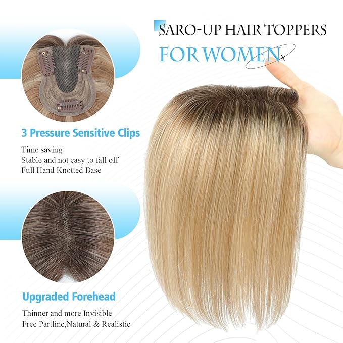 SARO-UP Human Hair Toppers for Women Real Human Hair pieces for Women with Thinning Hair pieces 7 * 10cm Hand-Tied Swiss Base Topper No Bangs 30g Hairpieces 10Inch (4T10/16#)