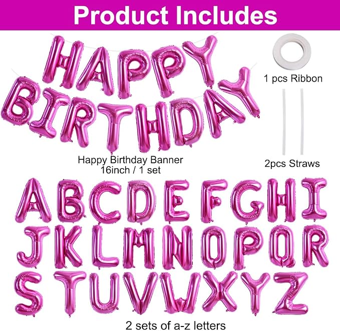 TONIFUL 65 Pcs 16 Inch Rose Red Happy Birthday Balloons and 2 Sets A-Z Foil - Image 2