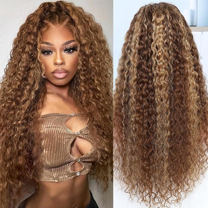 250% Density Hidden Strap 360 Lace Front Wigs Human Hair Deep water Wave Honey Blonde Curly Human Hair wig Ombre Deep Wave 4/27 Highlight Lace Front Wigs Wet And Wavy Wigs for Women 22 Inch