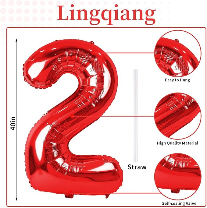 Red 2 Balloons, 40 Inch Giant Helium Foil Number 0-9 - Image 2