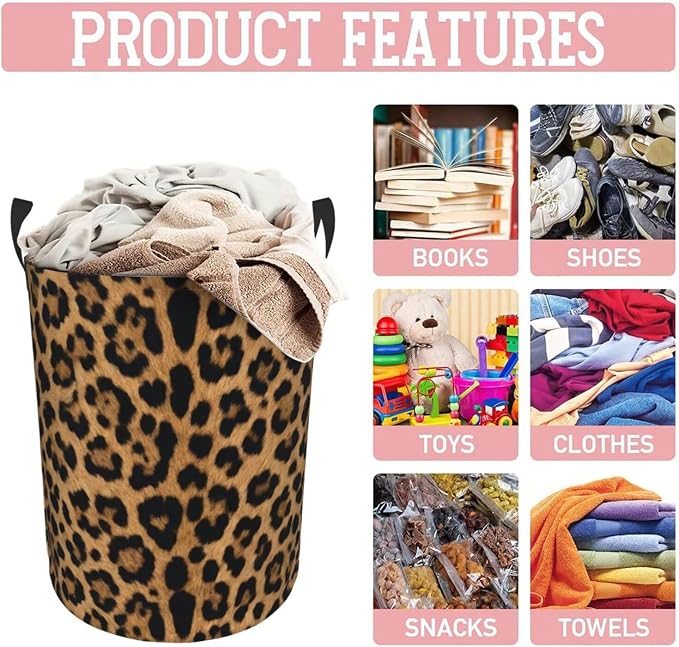 Leopard Cheetah Round Laundry Hamper Wildlife Fur Print Storage Basket Toys - Image 5