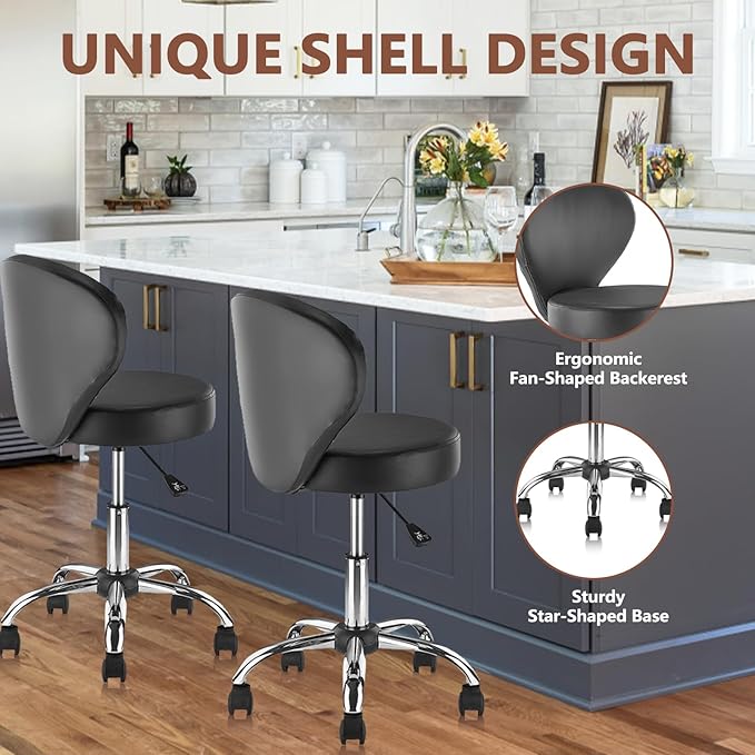 Set of 2 PVC Faux Leather Rolling Swivel Salon Stool Chair with Wheel Back Lumbar Support Seat Height 22 in Diameter 15 Inch Adjustable Hydraulic Chair for Beauty Barber Manicure Lash 2 Pack