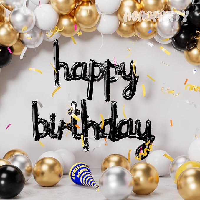 Black Happy Birthday Balloons Banner 16 Inch Mylar Foil | Happy Birthday - Image 4