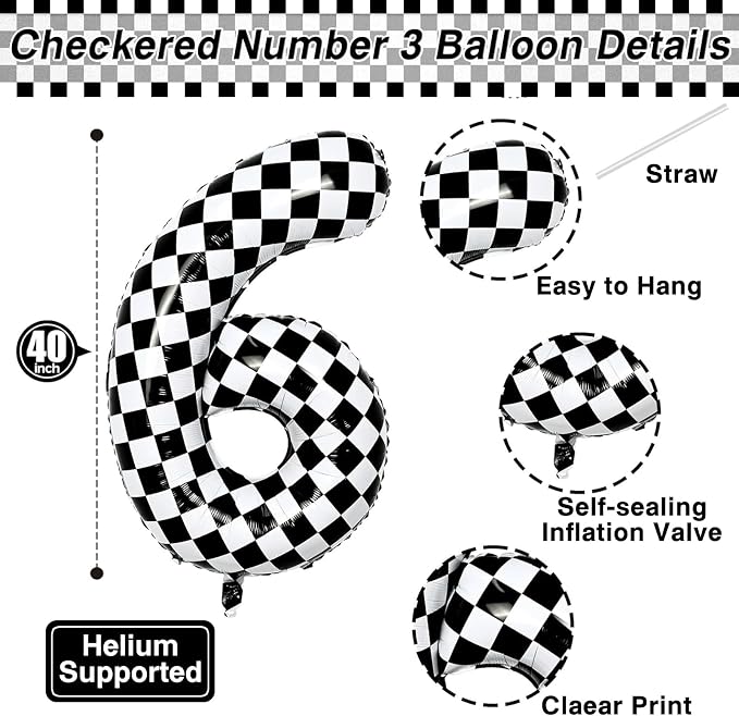 40 Inch Checkered Number 6 Balloon, Large Foil Black and White Number Balloons - Image 4
