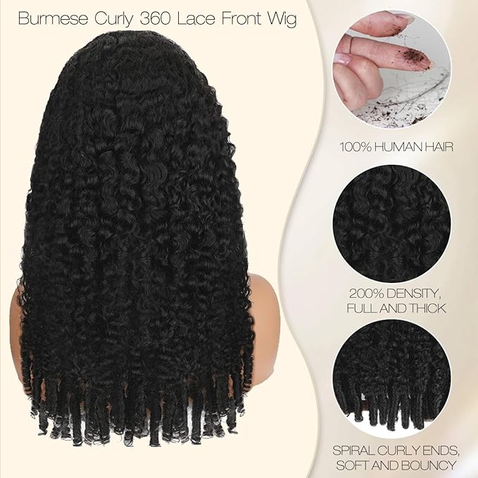 Burmese Curly Human Hair Wig with Spiral End 200% Density 360 Full HD Lace Front Wigs Human Hair Water Wave Wigs for Women 32Inch Pre Plucked with Baby Hair Tiny Knots Natural Black