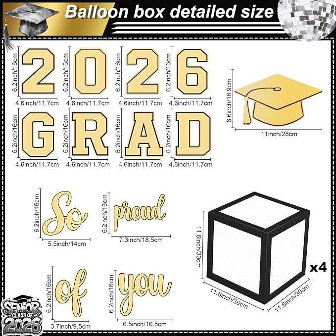 Black and Gold Graduation Decorations Balloons Boxes Arch - Image 4