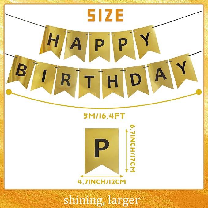 Gold Happy Birthday Banner, Pre-Strung Gold and Black Birthday Party Decorations - Image 5