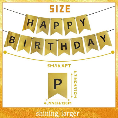 Gold Happy Birthday Banner, Pre-Strung Gold and Black Birthday Party Decorations - Image 5