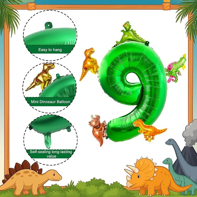 LilyZheng Large Dinosaur Balloon Number 9, 40 Inch Dark Green Foil Balloon - Image 3