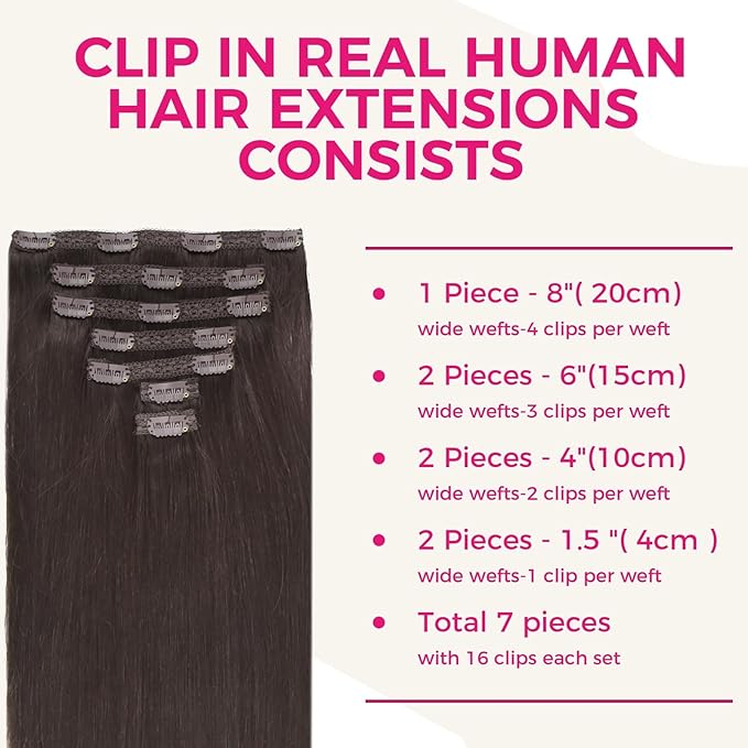 Lashey Straight Clip in Hair Extensions for Women, 20 Inch 7pcs 120g Dark Brown Remy Human Hair Extensions Thick Hair with Lace Weft Clip Ins