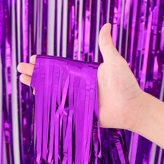 Voircoloria Purple Foil Fringe Backdrop Curtains, 3 Pack | Tinsel Streamers - Image 2