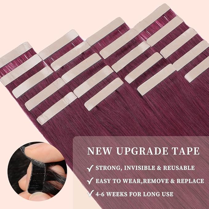 Tape in Hair Extensions Human Hair 20pcs Remy Hair Extensions 18 Inch Burgundy Straight Invisible Human Hair Tape in Extensions Skin Weft Tape Extensions Human Hair (99J#,18 Inch)
