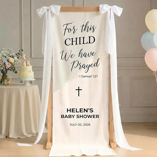 Personalized Christian Baby Shower Fabric Sign Hello Baby Linen Backdrop | by Unknown
