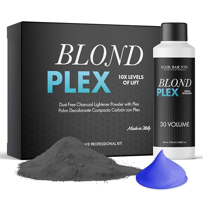 Hair Bar NYC Blond Plex 10X Lightener + 30 Volume Violet Developer Kit – Dust-Free Charcoal Bleach Powder (50g / 1.76 oz) + Anti-Brass Developer (120 ml / 4.06 fl oz) – Bond-Building Formula