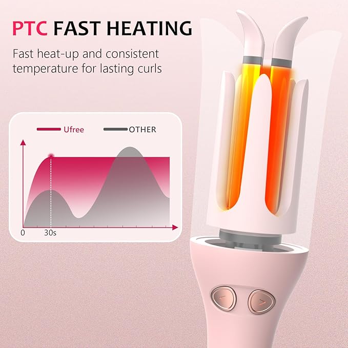 Ufree Automatic Rotating Curling Iron, 1 Inch Ceramic Curling Wand, 1-Click Hair Curler with 3 Heat & Timers, Anti-Scald Design, 1M Ionic Care, Dual Voltage for Travel Beach Waves, Pink