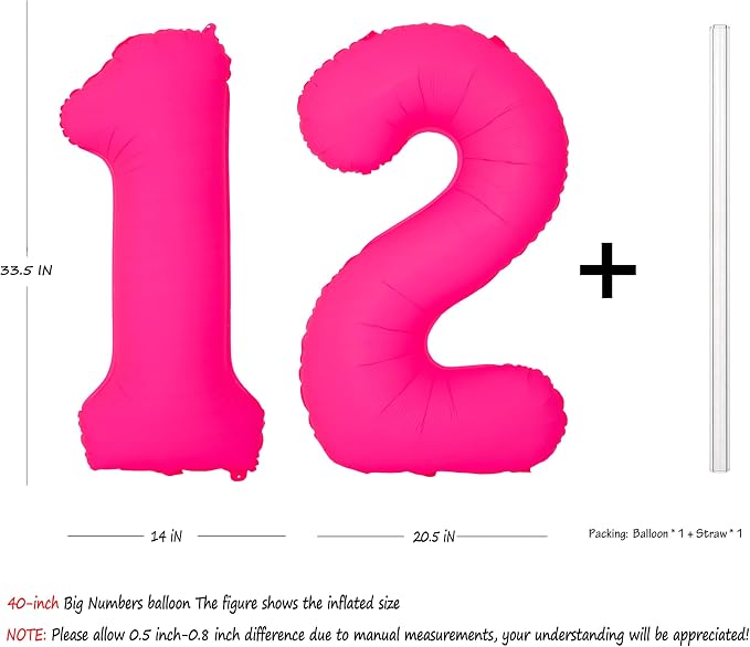 Pink Birthday Number 12 Balloons 40IN Fluorescent Pink 21 Foil Balloon | - Image 2