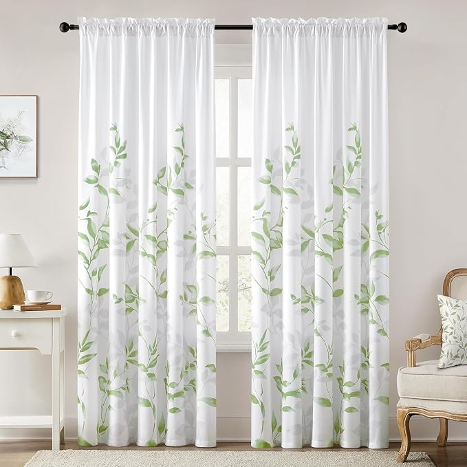 HOMEIDEAS Non-See-Through Sage Green and White Privacy Sheer Curtains 52 X 84 by HOMEIDEAS
