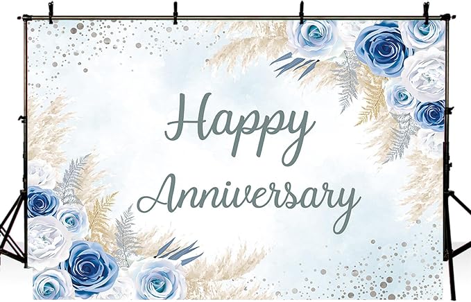 MEHOFOND Boho Happy Anniversary Backdrop Blue Floral Bohemia Pampas Grass - Image 3