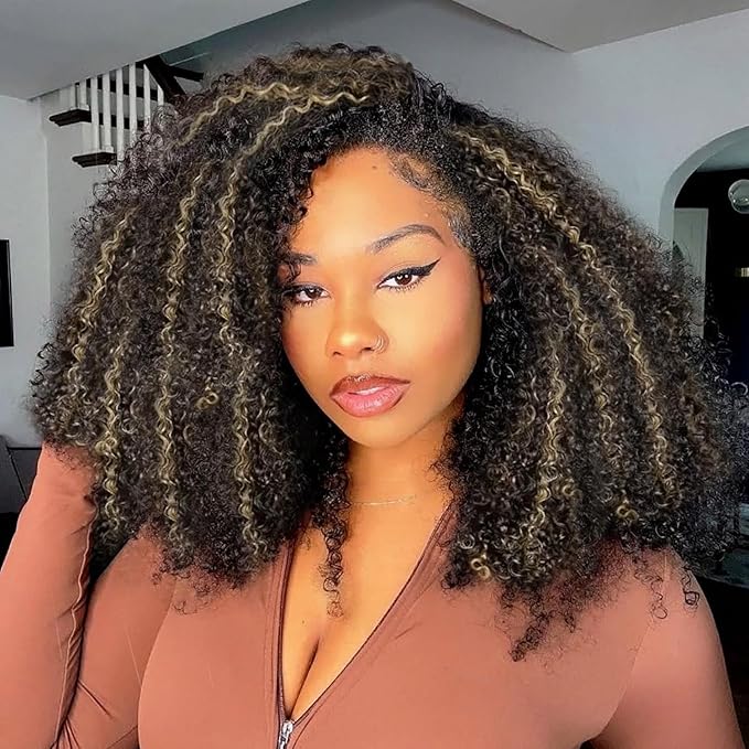 Kinky Curly Half Wig Human Hair 200% Density Ombre Wear Go Glueless Wigs Human Hair Hightlight Blonde Curly 3 In 1 Half Wigs for Women Drawstring Seamless Flip Headband Wig Beginner Friendly 20 Inch