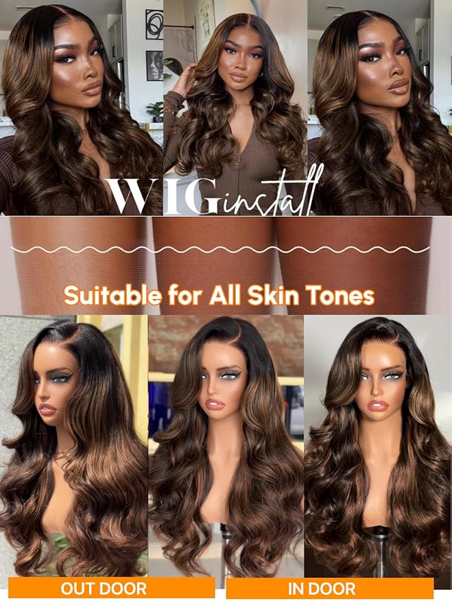 Julia Hair Bye Bye Knots Glueless Wig Highlight Balayage Brown Body Wave 7x5 Pre Cut HD Lace Front Wigs Human Hair Pre Plucked Bleached Knots Pre Everything Ready To Go Ombre Wig 20 Inch